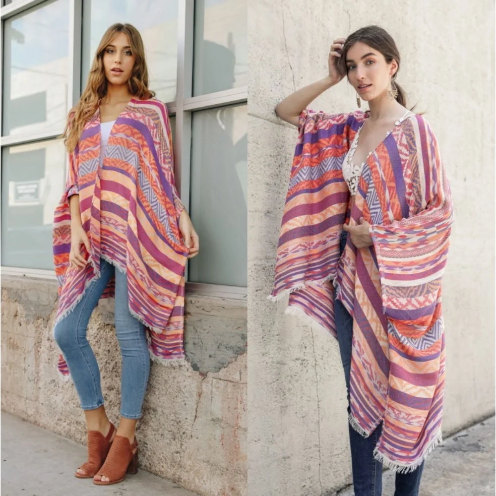 Boho Aztec Stripe Pink Purple Jacquard Summer Poncho Ruana with Fringe ONE SIZE - Picture 1 of 4